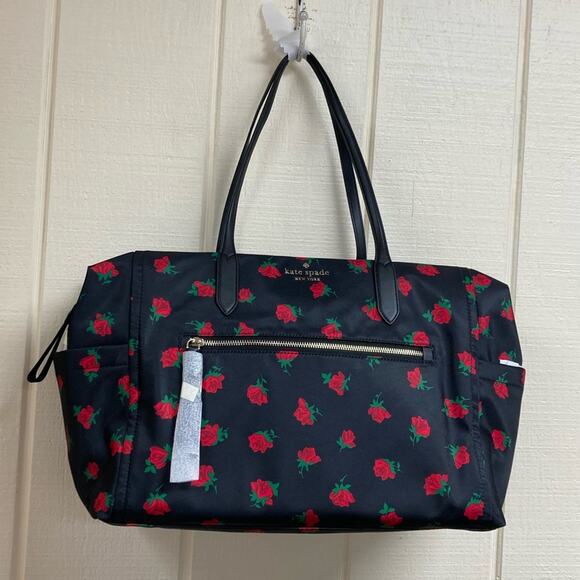 New Kate Spade Weekender Duffle Bag Black and Rose Print Brand New - Picture 1 of 14
